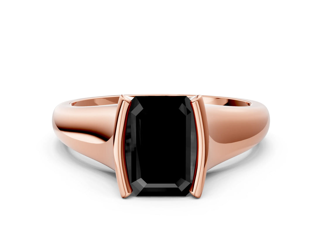 Rose gold Fancy Black Emerald Cut Solitaire Tension Set Diamond Ring with Split Shank Band