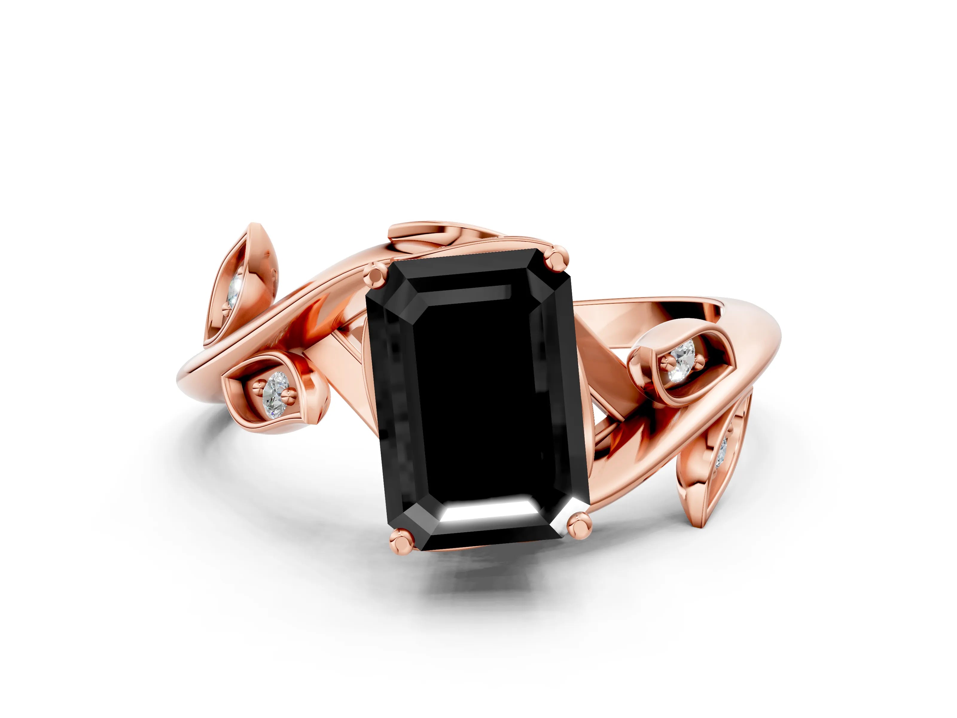 Rose gold Fancy Black Emerald Cut Solitaire Twist Engagement Ring with Leaf Accents and Prong Setting_12