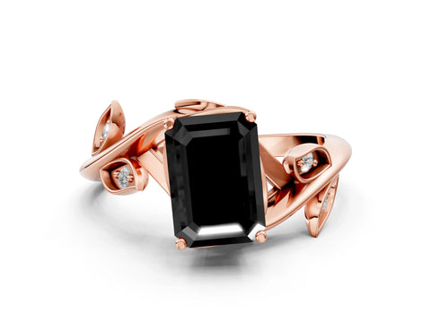 Rose gold Fancy Black Emerald Cut Solitaire Twist Engagement Ring with Leaf Accents and Prong Setting_12