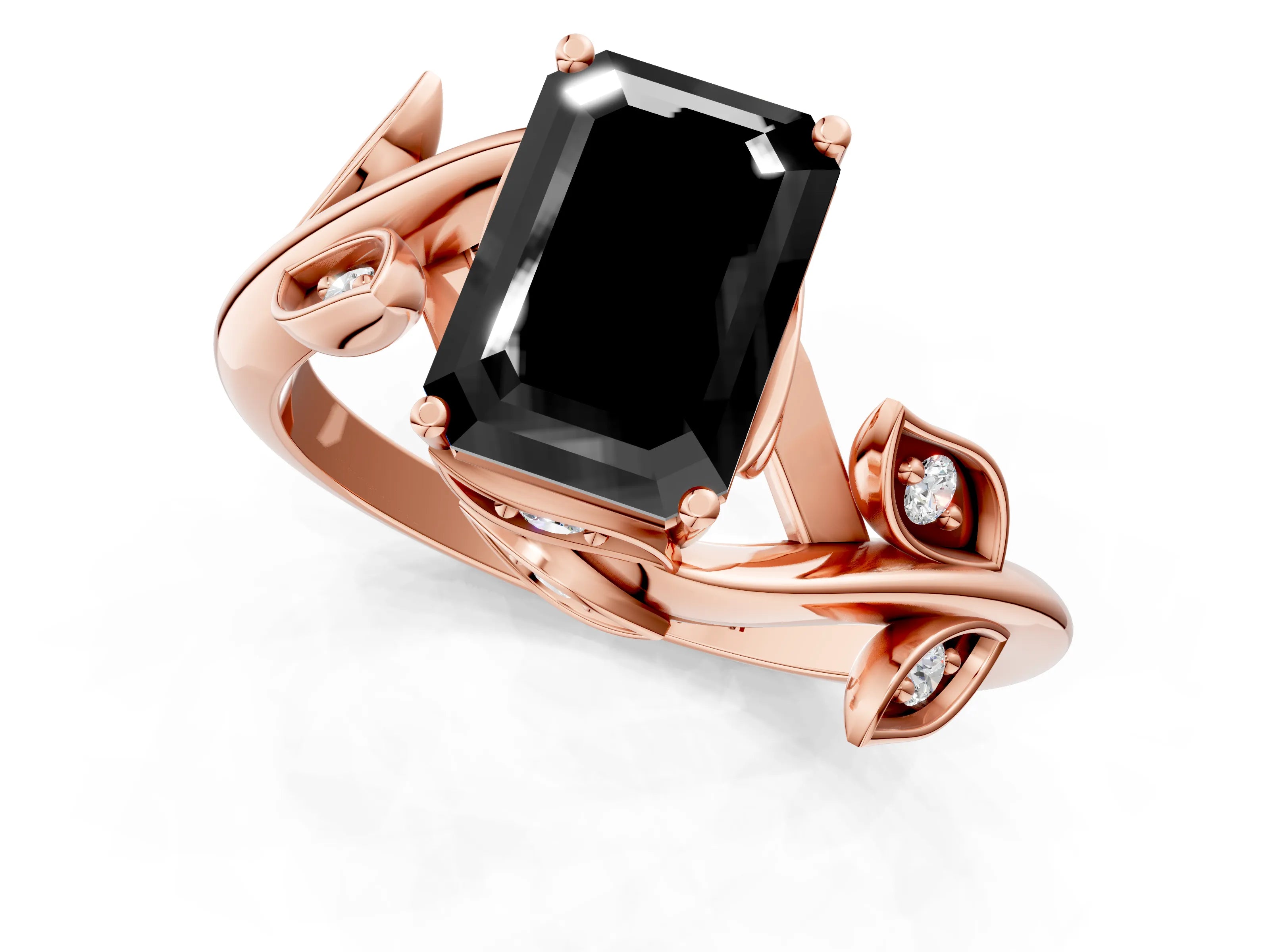 Rose gold Fancy Black Emerald Cut Solitaire Twist Engagement Ring with Leaf Accents and Prong Setting_13