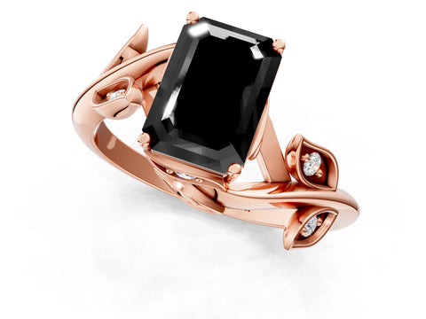 Rose gold Fancy Black Emerald Cut Solitaire Twist Engagement Ring with Leaf Accents and Prong Setting_13