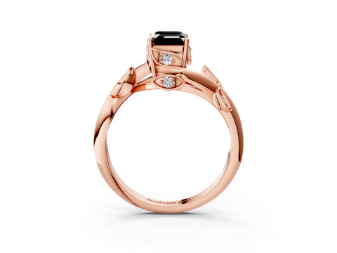 Rose gold Fancy Black Emerald Cut Solitaire Twist Engagement Ring with Leaf Accents and Prong Setting_15