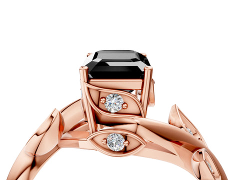 Rose gold Fancy Black Emerald Cut Solitaire Twist Engagement Ring with Leaf Accents and Prong Setting_16