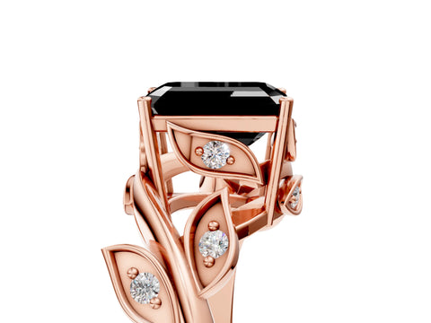 Rose gold Fancy Black Emerald Cut Solitaire Twist Engagement Ring with Leaf Accents and Prong Setting_17