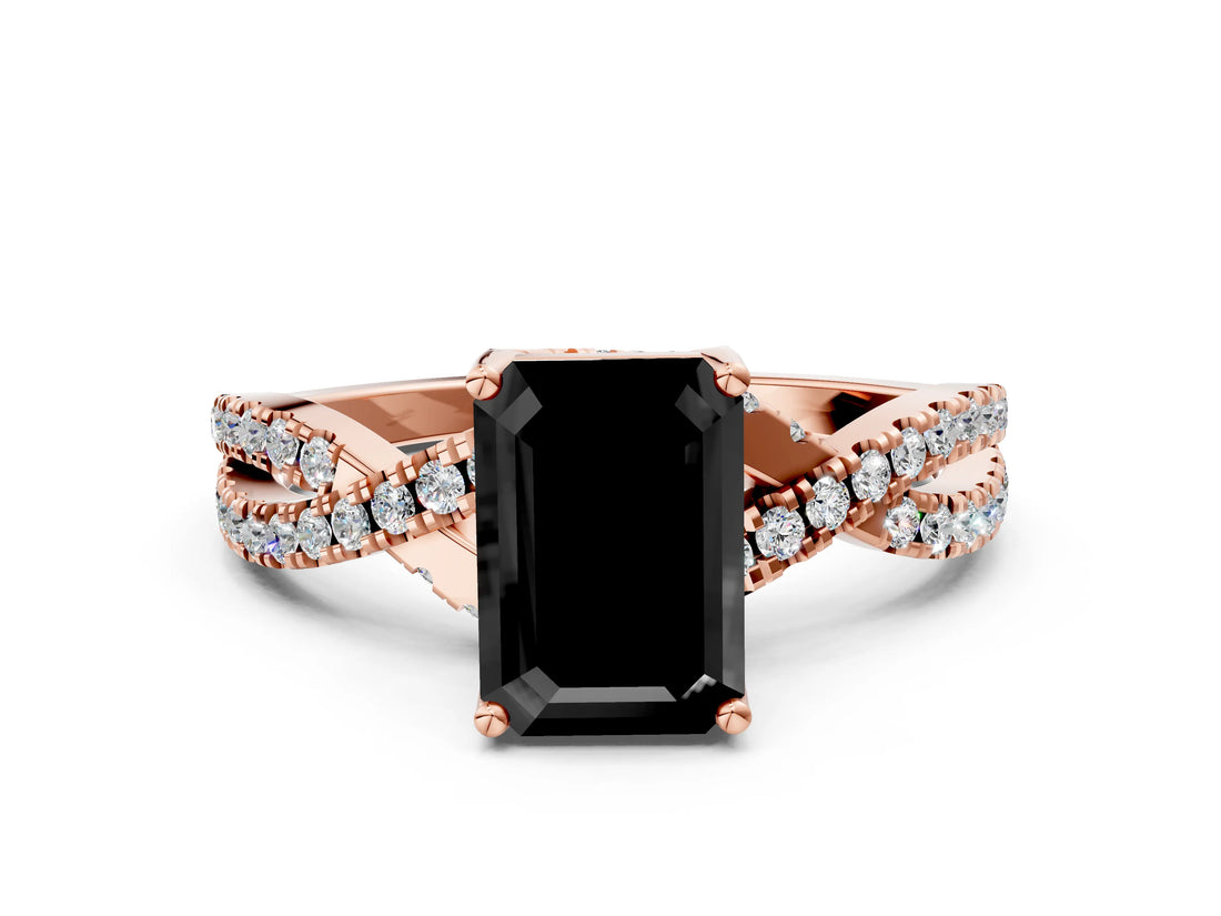 Rose gold Fancy Black Emerald Cut Solitaire Twist Pave Diamond Engagement Ring with Prong Setting