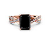 Rose gold Fancy Black Emerald Cut Solitaire Twist Pave Diamond Engagement Ring with Prong Setting