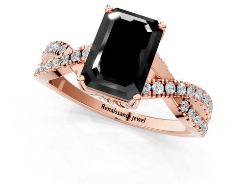 Rose gold Fancy Black Emerald Cut Solitaire Twist Pave Diamond Engagement Ring with Prong Setting_1