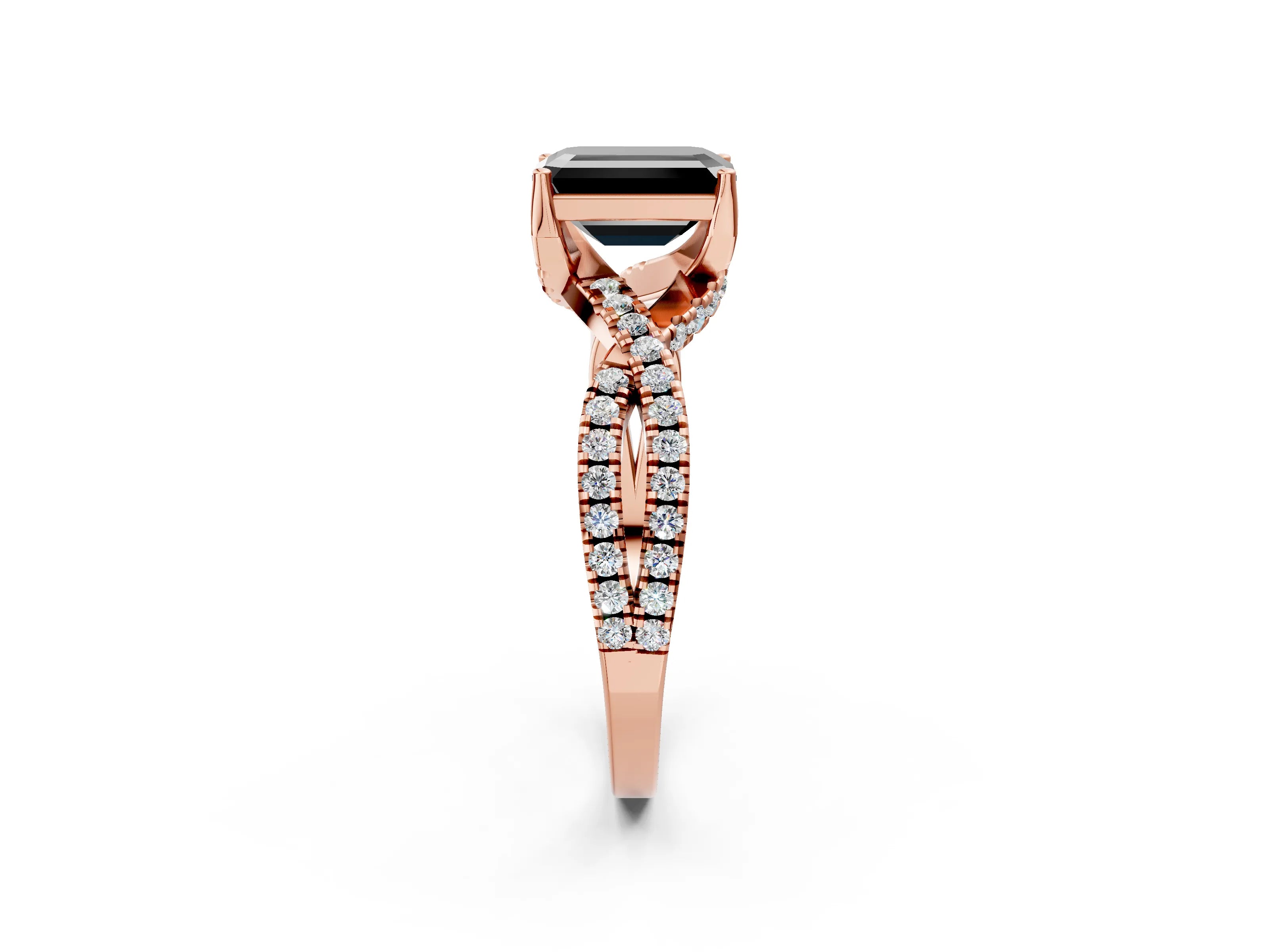Rose gold Fancy Black Emerald Cut Solitaire Twist Pave Diamond Engagement Ring with Prong Setting_2