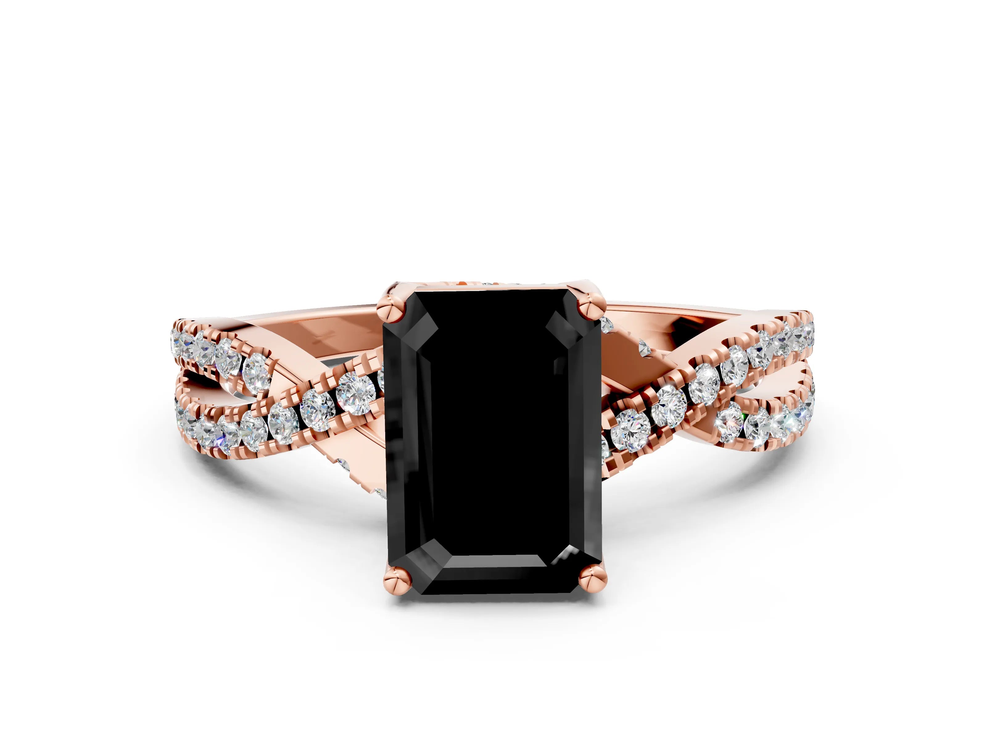Rose gold Fancy Black Emerald Cut Solitaire Twist Pave Diamond Engagement Ring with Prong Setting_24