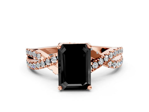 Rose gold Fancy Black Emerald Cut Solitaire Twist Pave Diamond Engagement Ring with Prong Setting_24