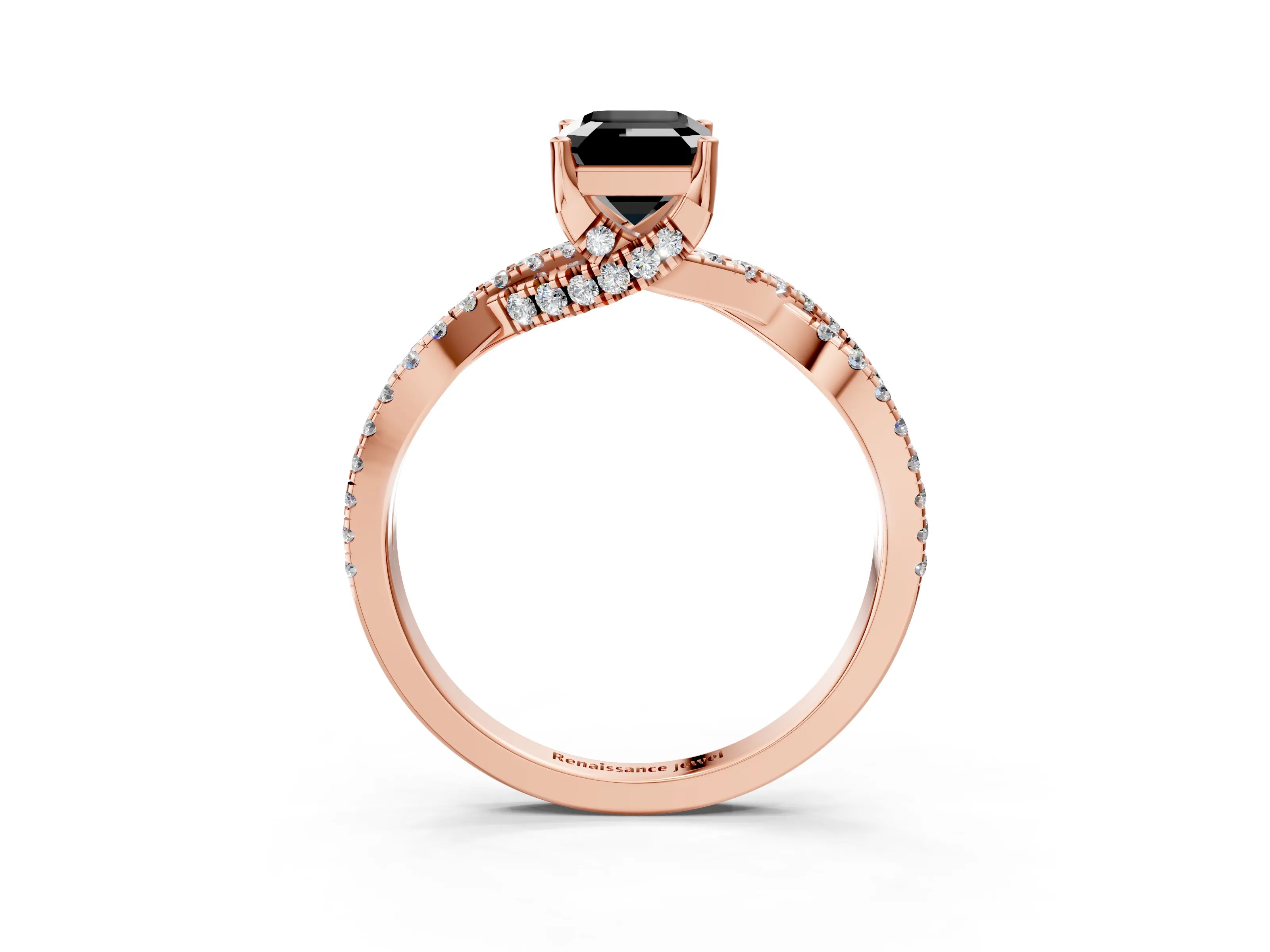 Rose gold Fancy Black Emerald Cut Solitaire Twist Pave Diamond Engagement Ring with Prong Setting_3
