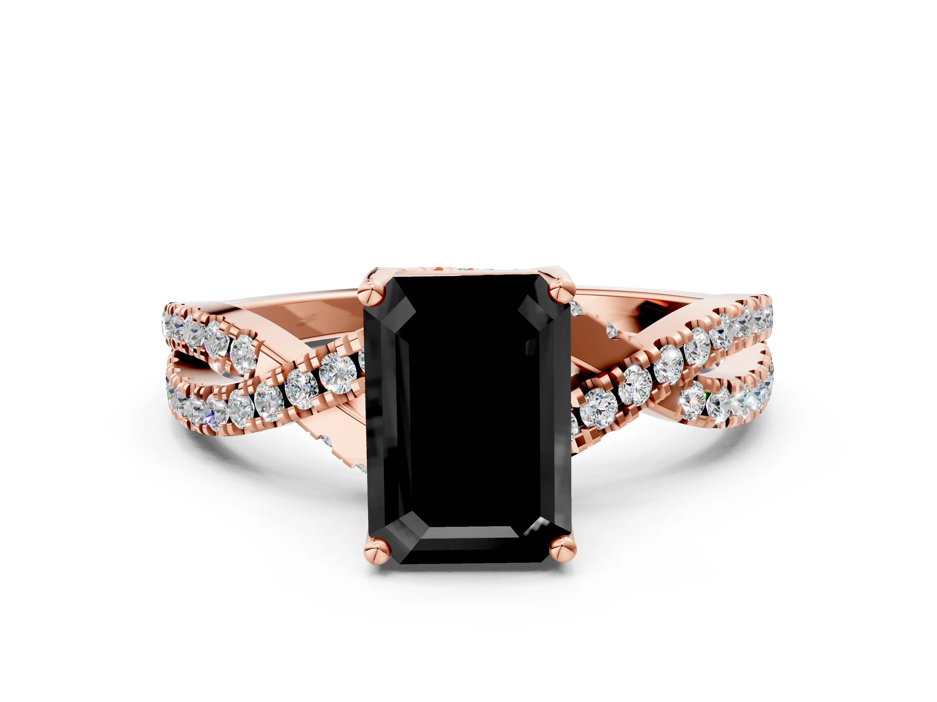 Rose gold Fancy Black Emerald Cut Solitaire Twist Pave Diamond Engagement Ring with Prong Setting_30
