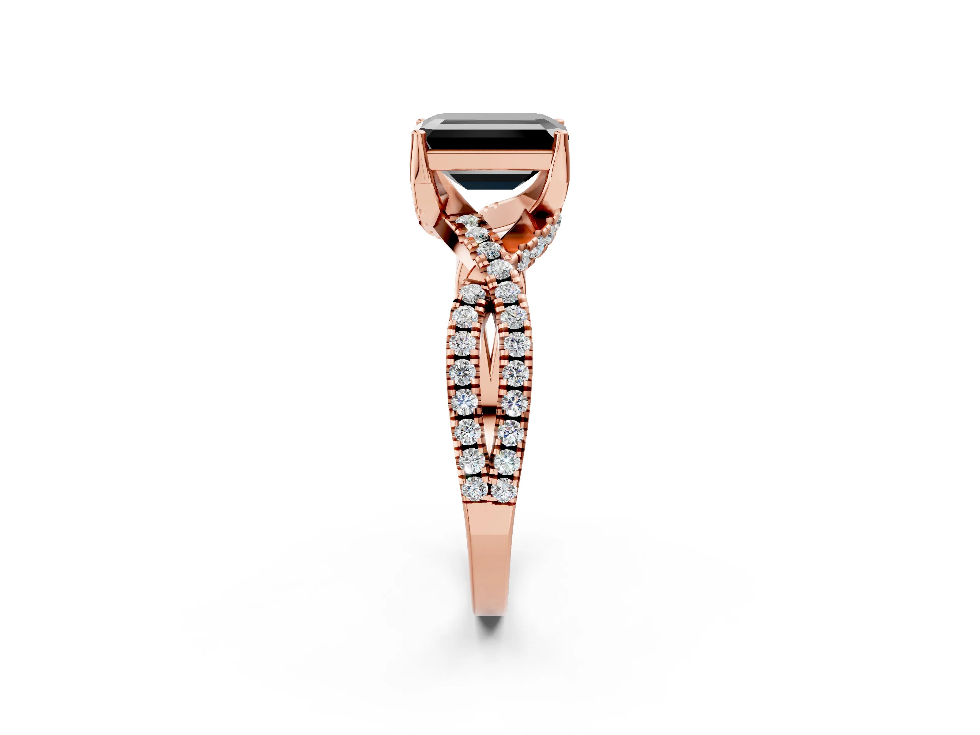 Rose gold Fancy Black Emerald Cut Solitaire Twist Pave Diamond Engagement Ring with Prong Setting_32