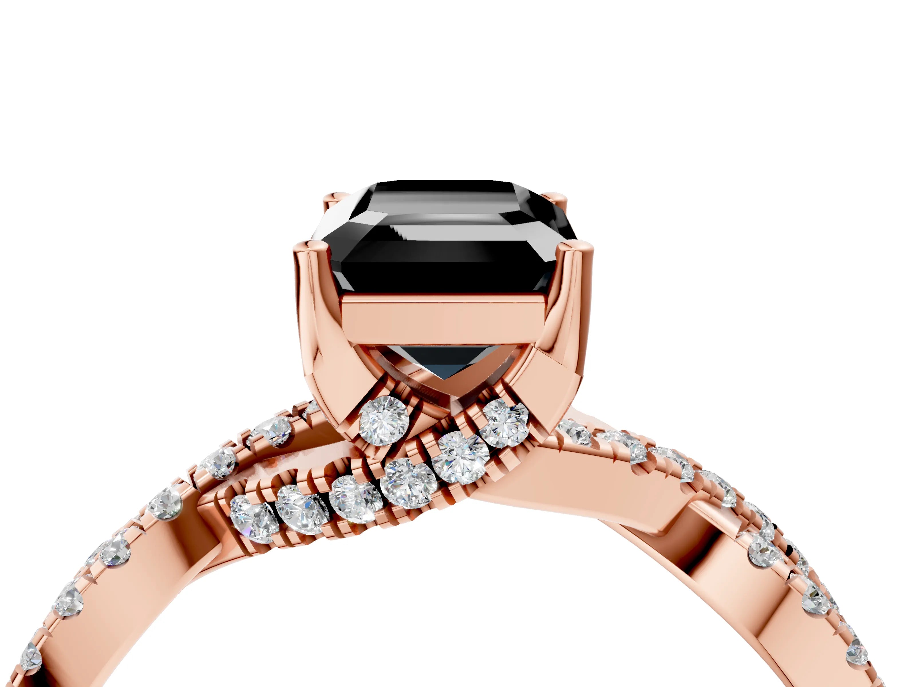 Rose gold Fancy Black Emerald Cut Solitaire Twist Pave Diamond Engagement Ring with Prong Setting_4