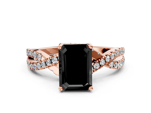 Rose gold Fancy Black Emerald Cut Solitaire Twist Pave Diamond Engagement Ring with Prong Setting
