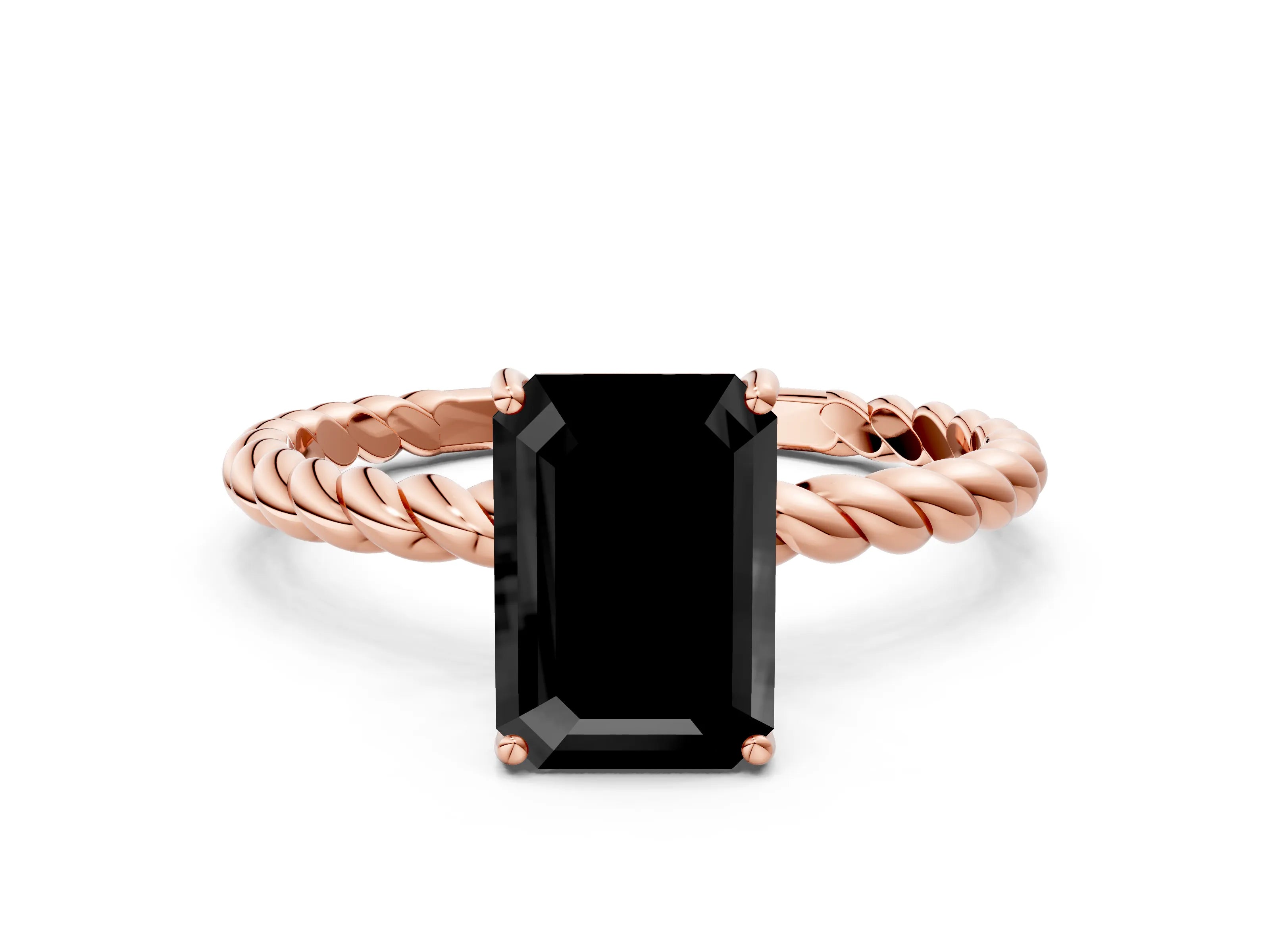 Rose gold Fancy Black Emerald Cut Solitaire Twisted Band 4-Prong Ring