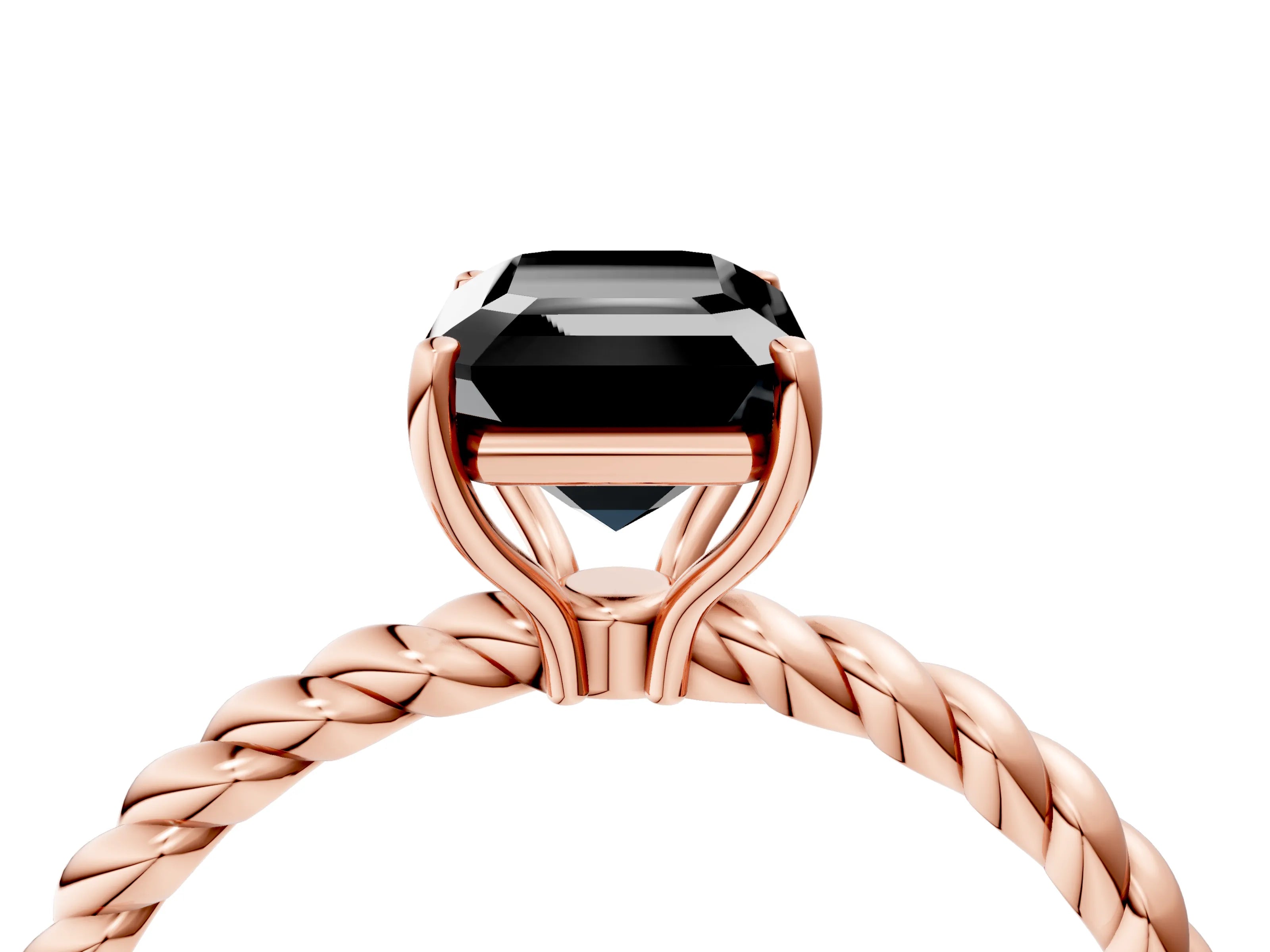 Rose gold Fancy Black Emerald Cut Solitaire Twisted Band 4-Prong Ring_4