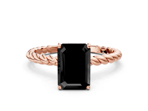 Rose gold Fancy Black Emerald Cut Solitaire Twisted Band 4-Prong Ring