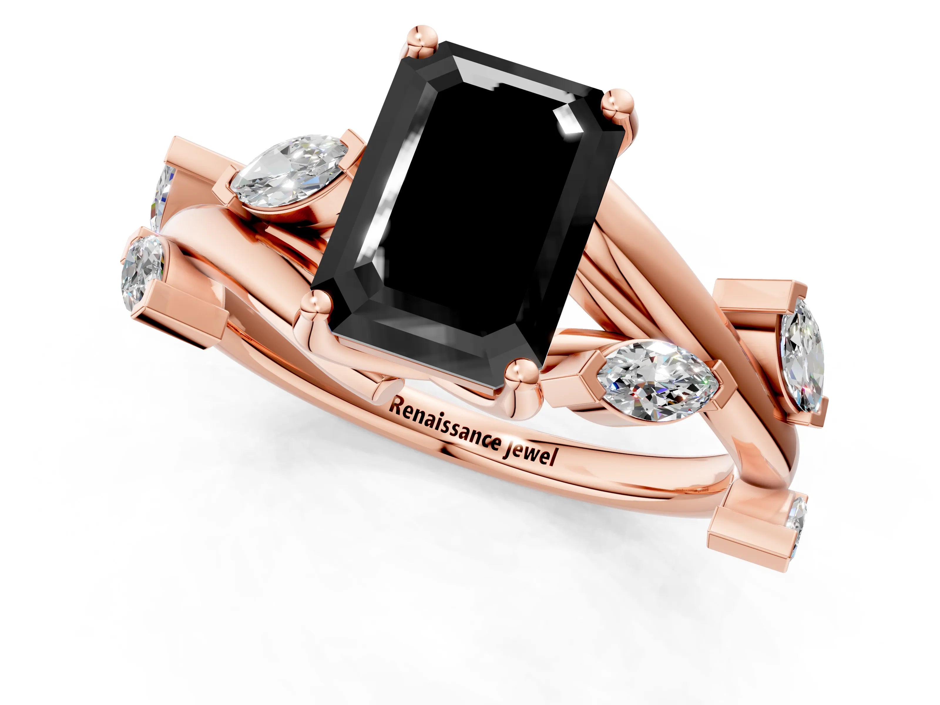 Rose gold Fancy Black Emerald Cut Solitaire Twisted Band Marquise Accent Prong Setting Ring_1
