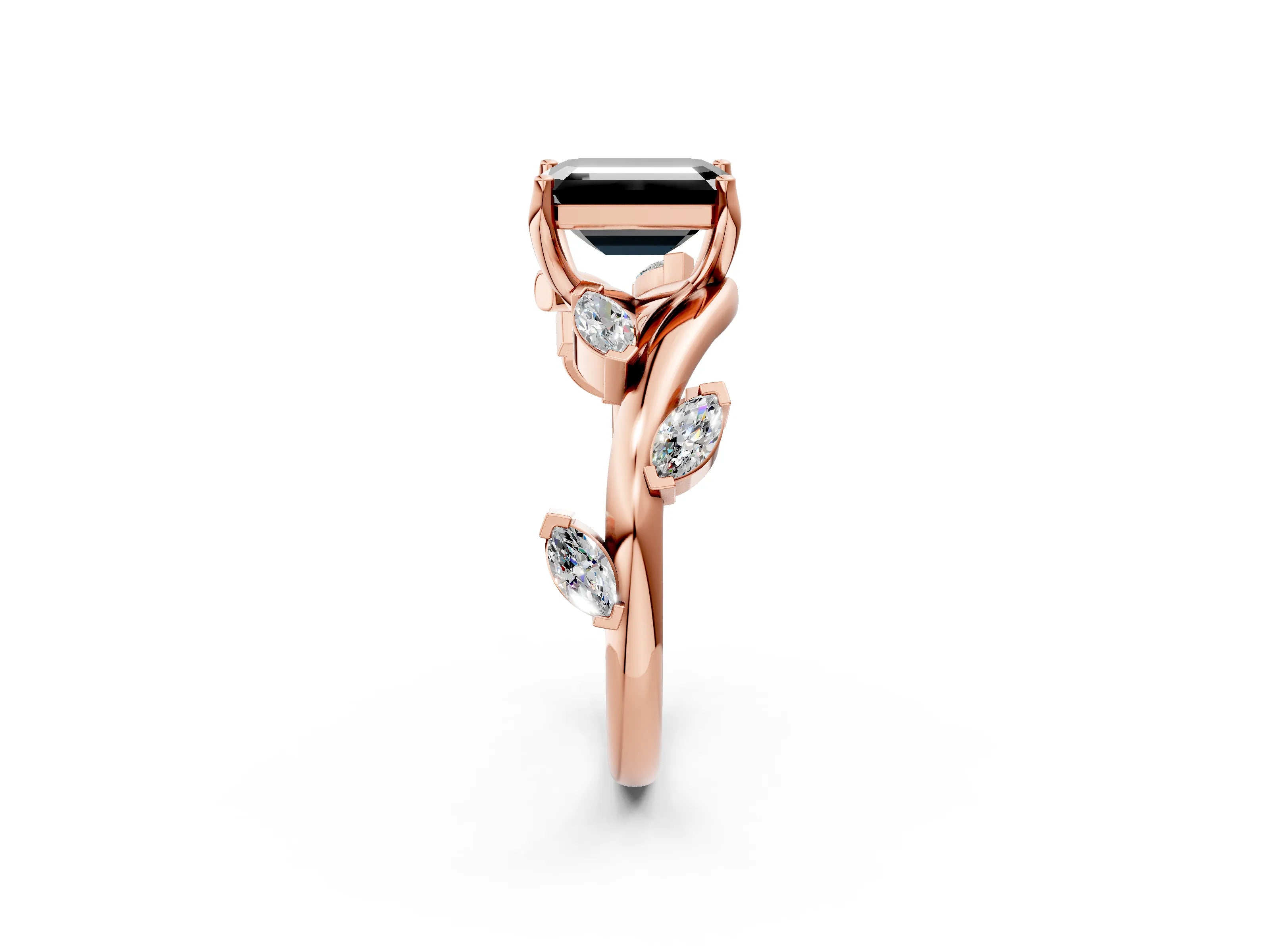Rose gold Fancy Black Emerald Cut Solitaire Twisted Band Marquise Accent Prong Setting Ring_2