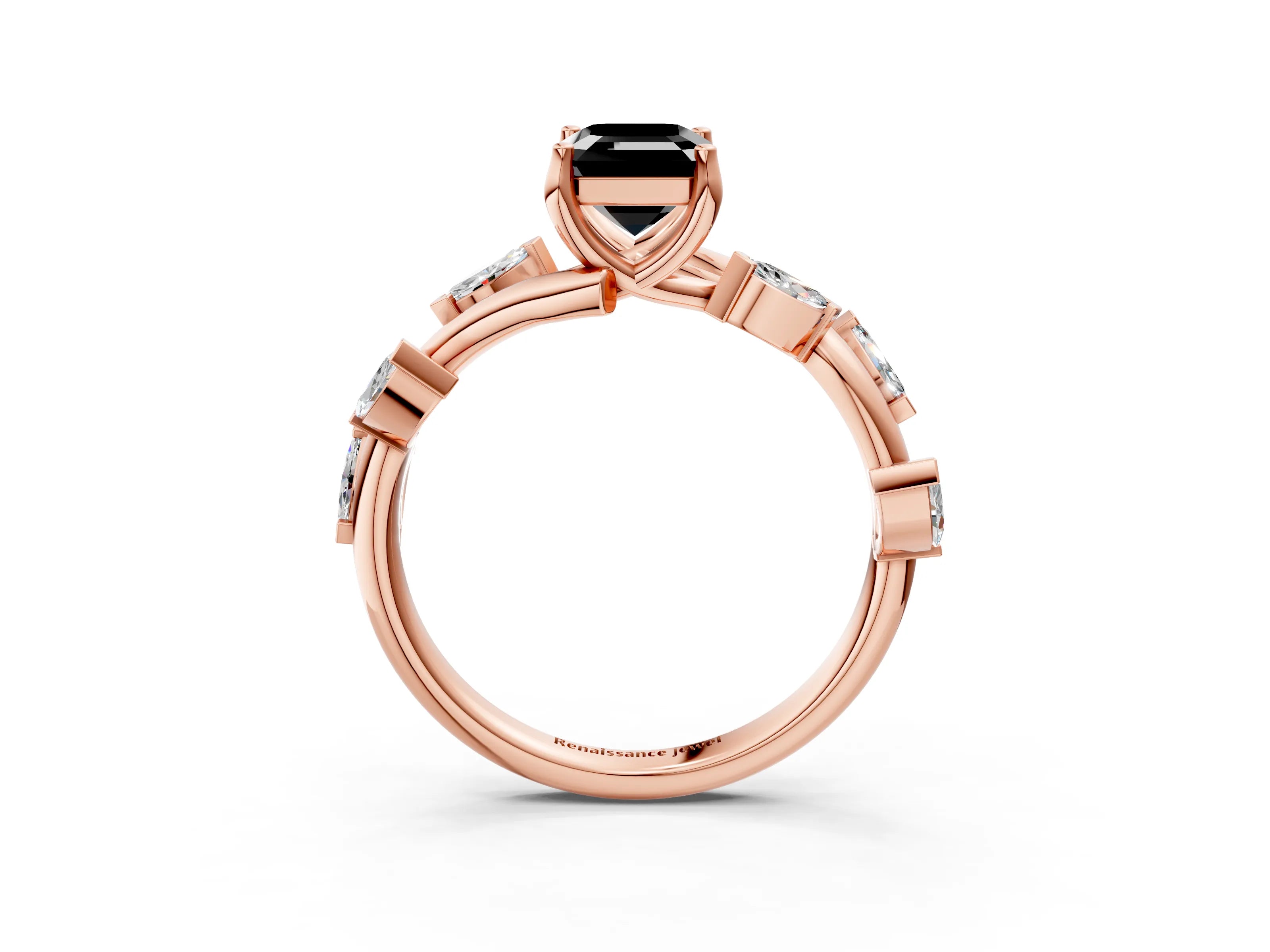 Rose gold Fancy Black Emerald Cut Solitaire Twisted Band Marquise Accent Prong Setting Ring_3