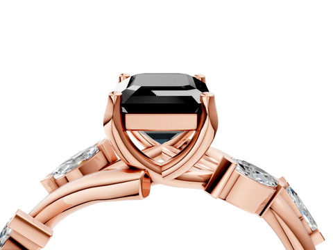 Rose gold Fancy Black Emerald Cut Solitaire Twisted Band Marquise Accent Prong Setting Ring_4