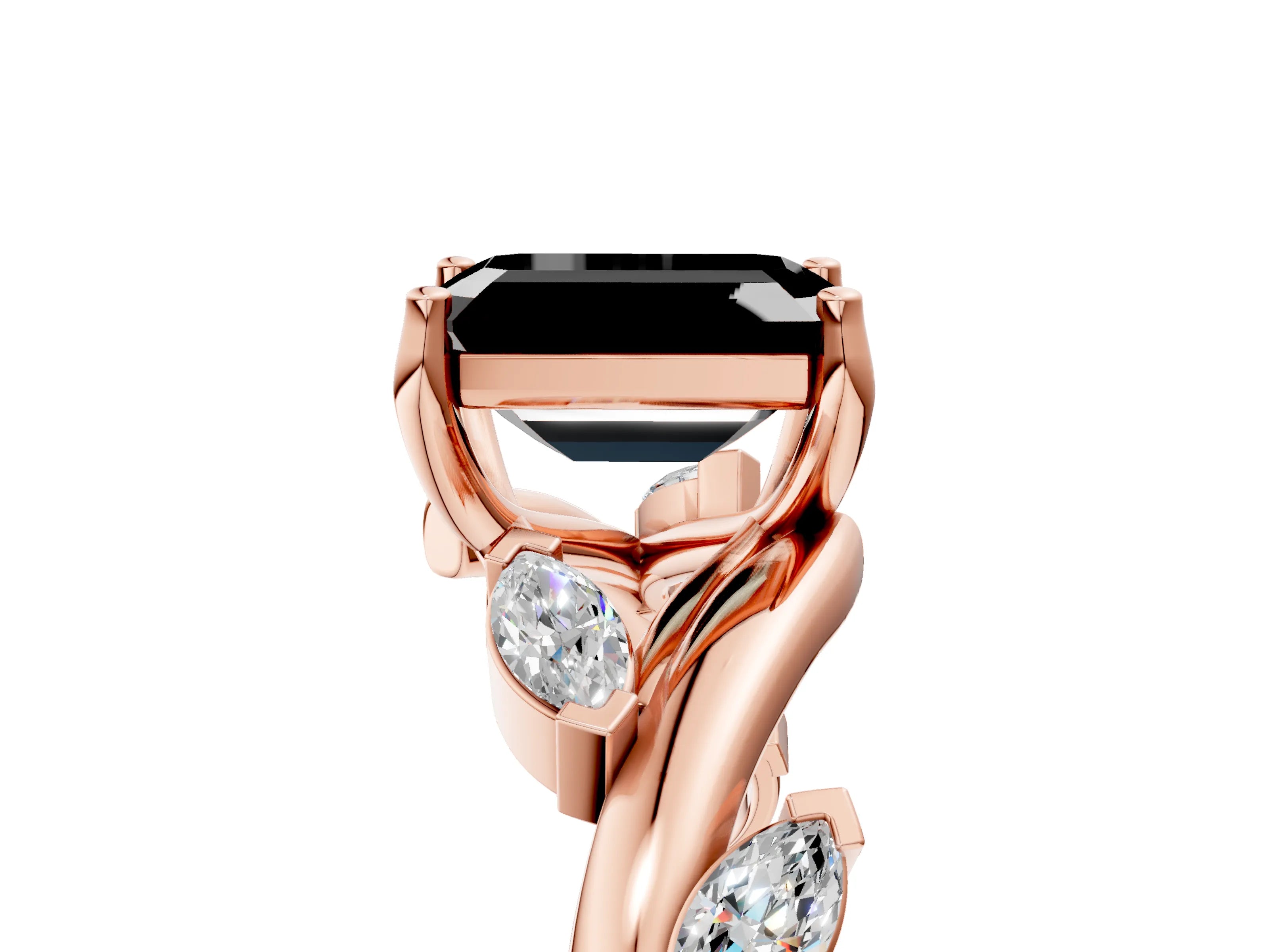 Rose gold Fancy Black Emerald Cut Solitaire Twisted Band Marquise Accent Prong Setting Ring_5