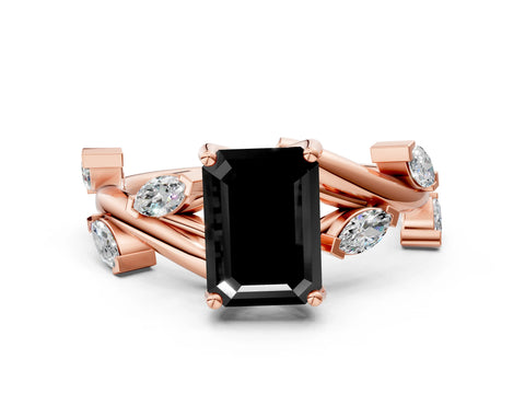 Rose gold Fancy Black Emerald Cut Solitaire Twisted Band Marquise Accent Prong Setting Ring