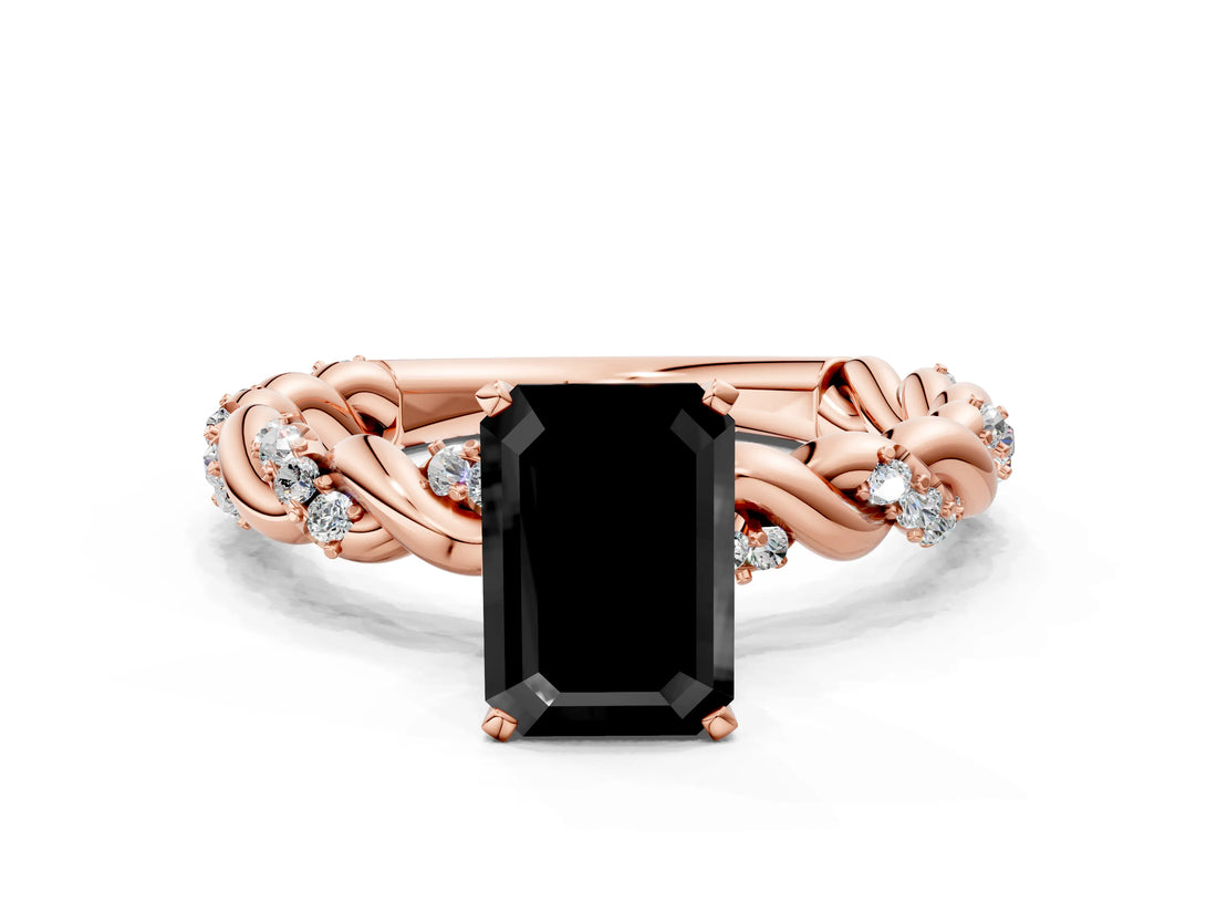 Rose gold Fancy Black Emerald Cut Solitaire Twisted Band with Pavé Accents and Four-Prong Setting