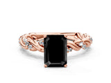 Rose gold Fancy Black Emerald Cut Solitaire Twisted Band with Pavé Accents and Four-Prong Setting