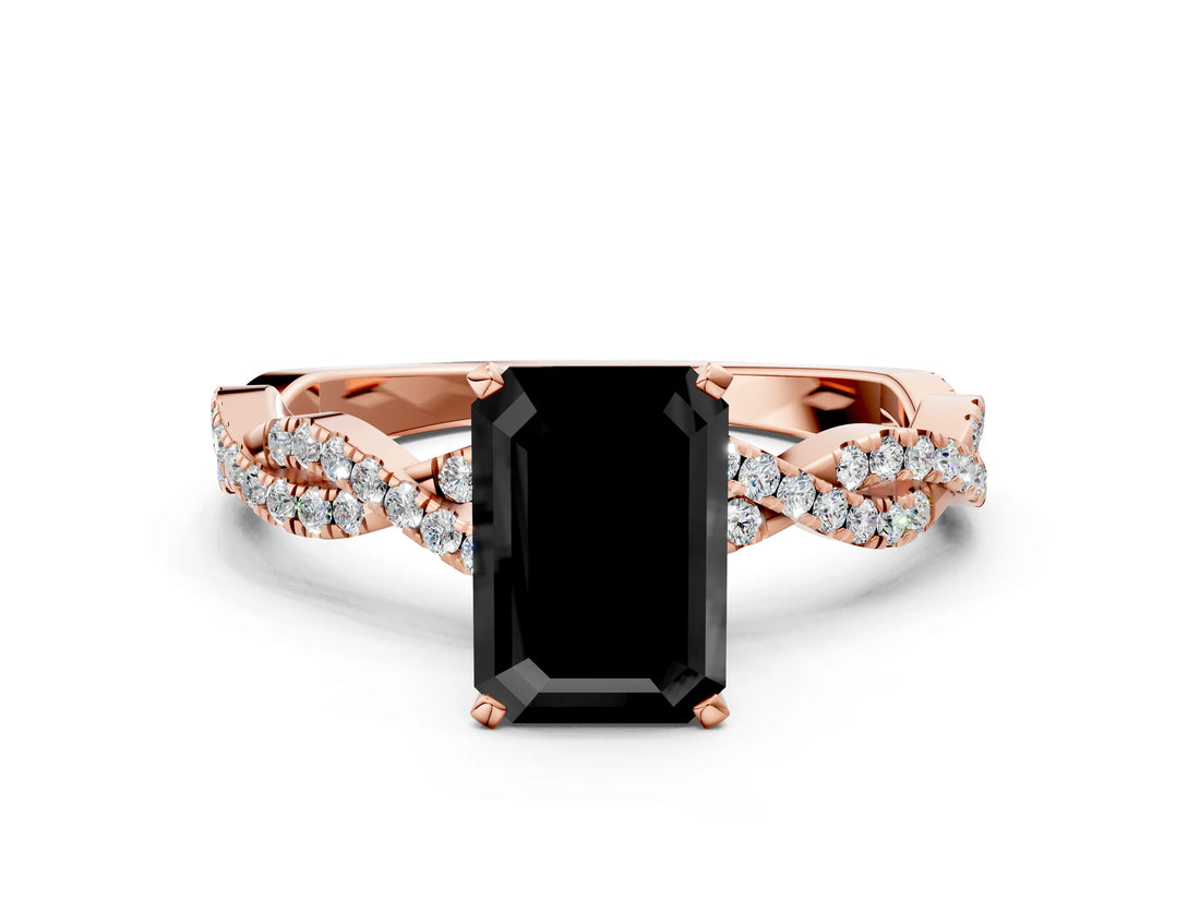 Rose gold Fancy Black Emerald Cut Solitaire Twisted Pave Band with Four-Prong Setting_3