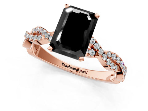 Rose gold Fancy Black Emerald Cut Solitaire Twisted Pave Band with Four-Prong Setting_4