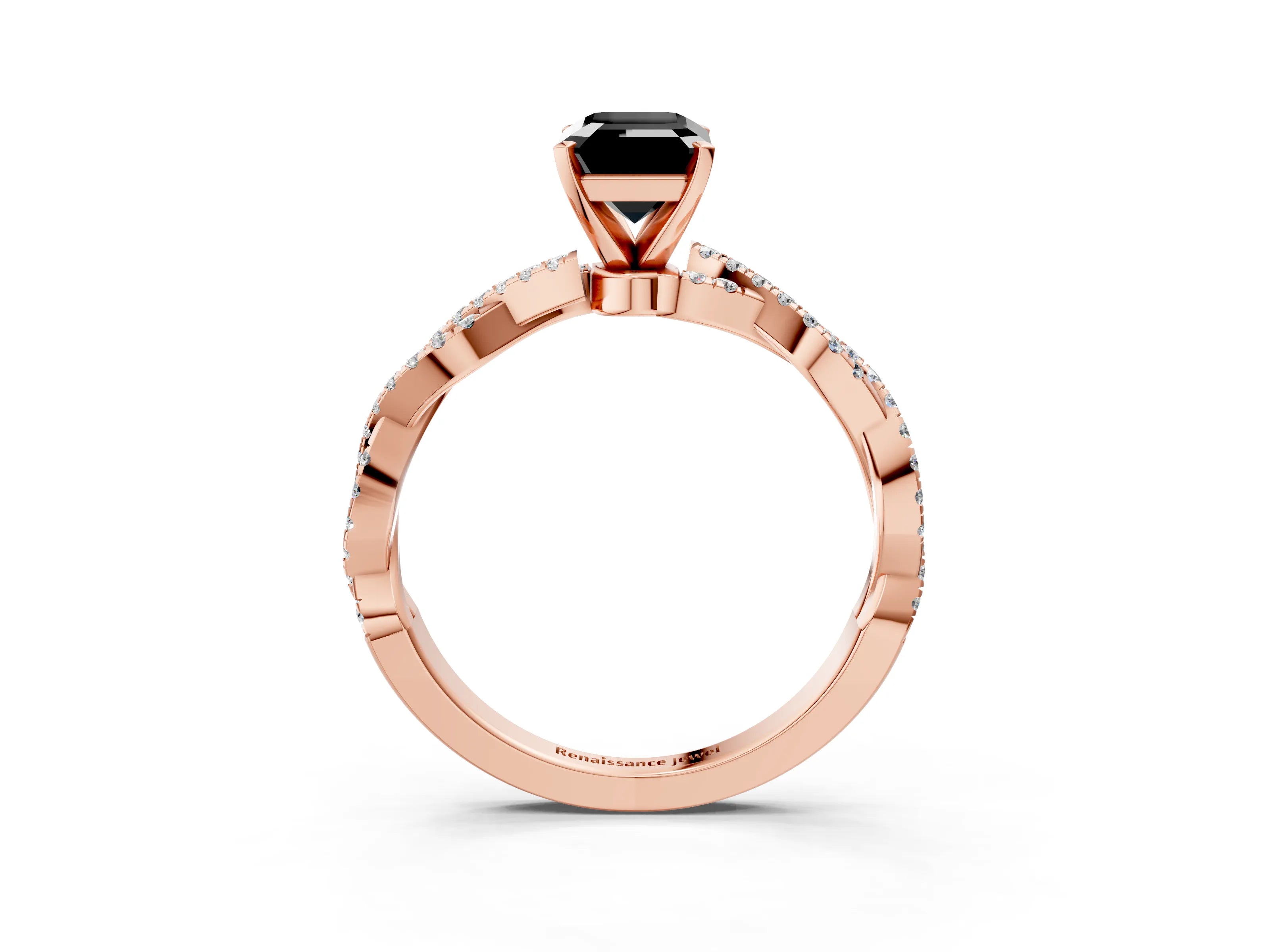 Rose gold Fancy Black Emerald Cut Solitaire Twisted Pave Band with Four-Prong Setting_6