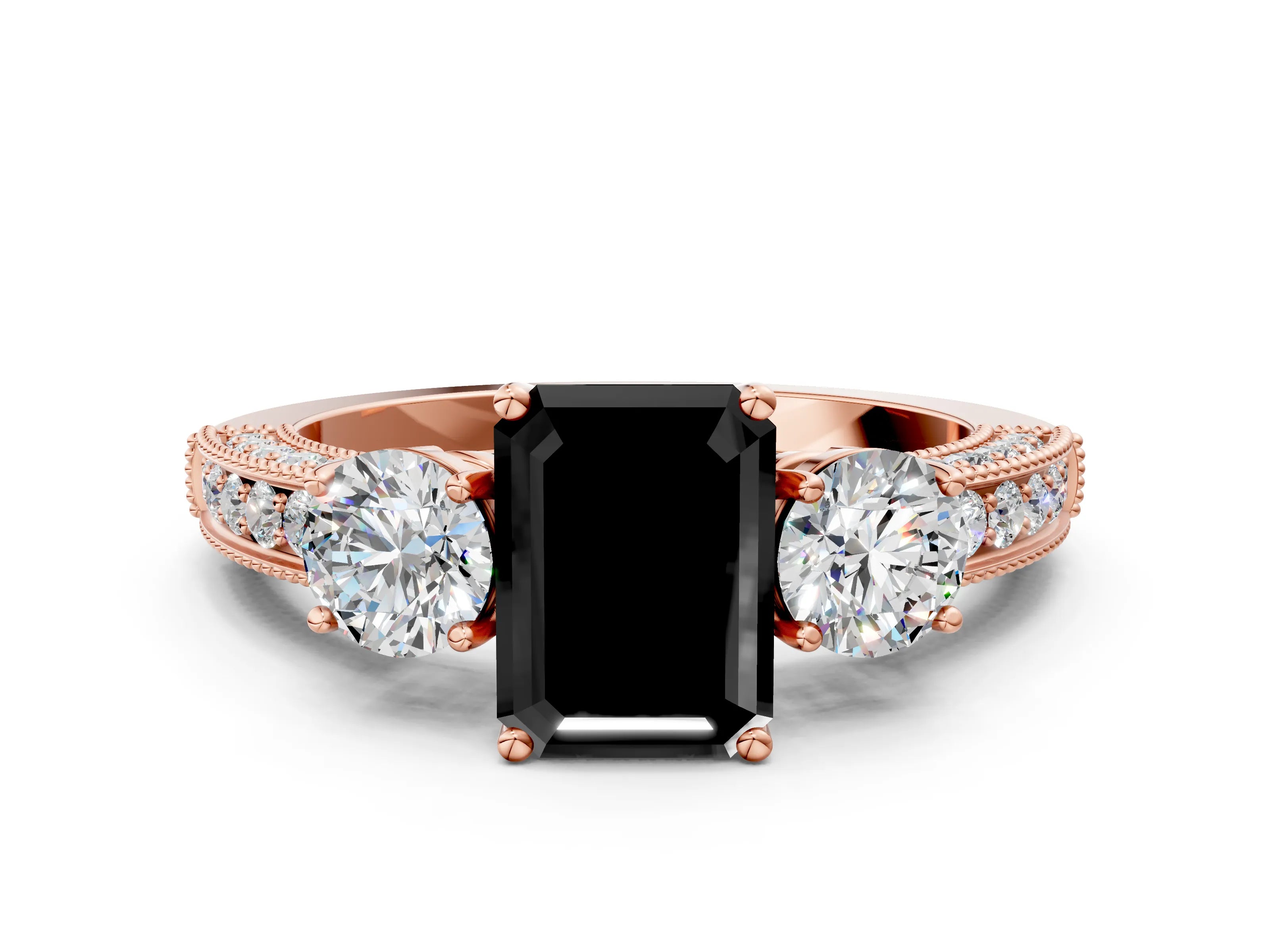 Rose gold Fancy Black Emerald Cut Three-Stone Diamond Ring with Pavé Band and Four-Prong Setting