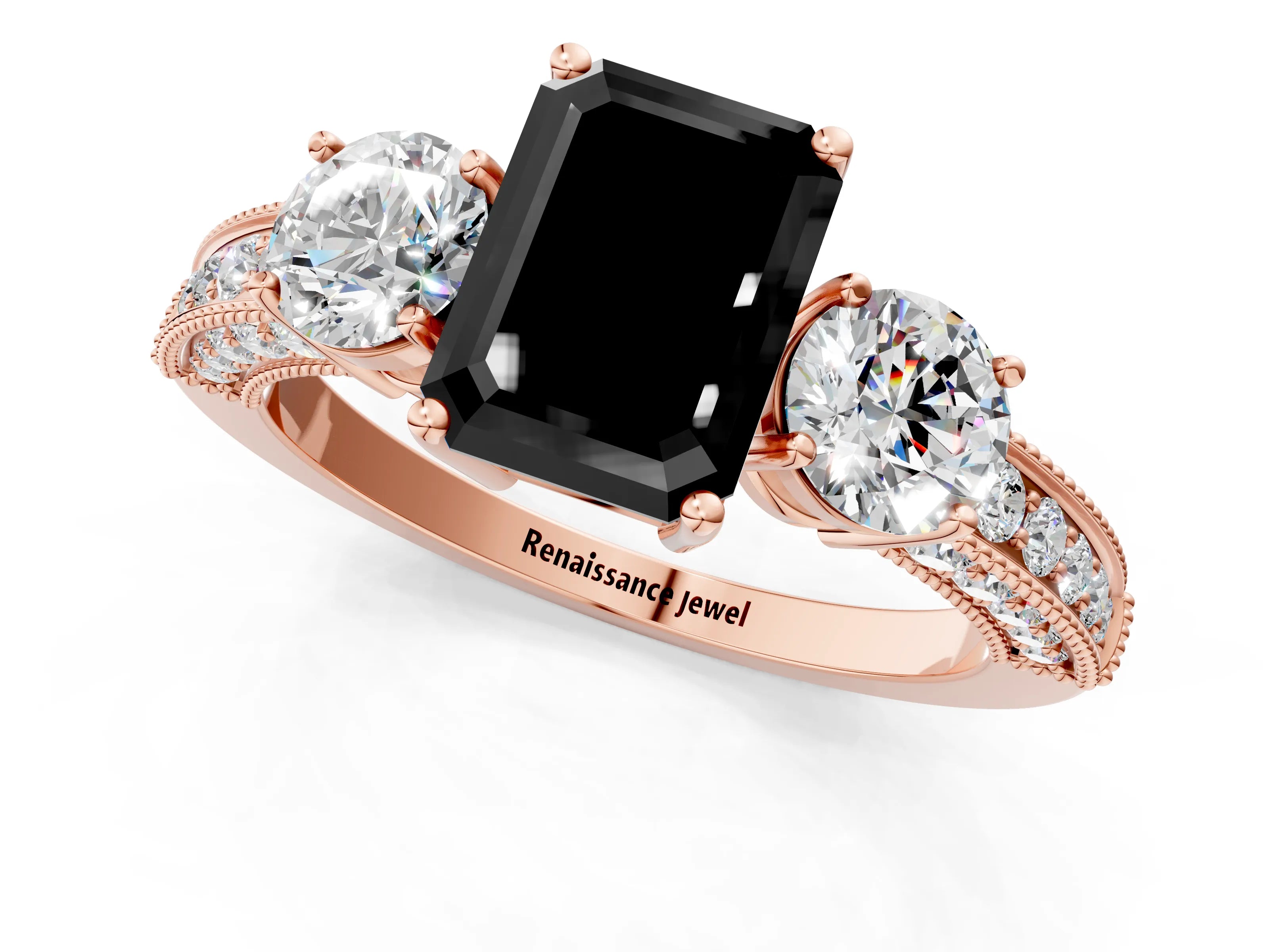 Rose gold Fancy Black Emerald Cut Three-Stone Diamond Ring with Pavé Band and Four-Prong Setting_1