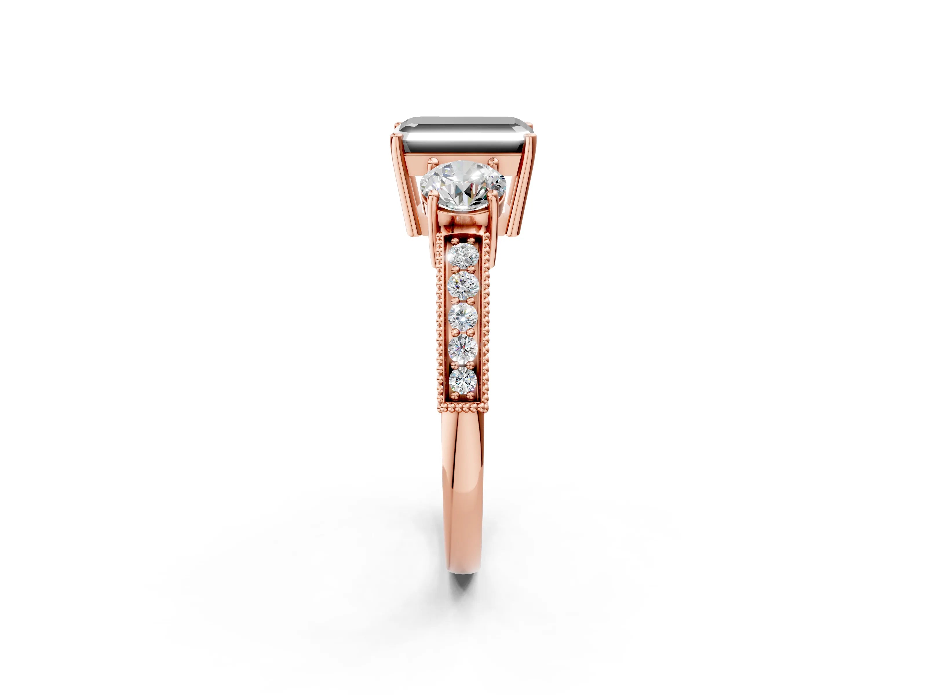 Rose gold Fancy Black Emerald Cut Three-Stone Diamond Ring with Pavé Band and Four-Prong Setting_2