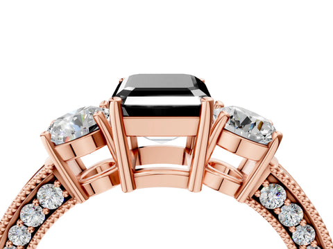 Rose gold Fancy Black Emerald Cut Three-Stone Diamond Ring with Pavé Band and Four-Prong Setting_4
