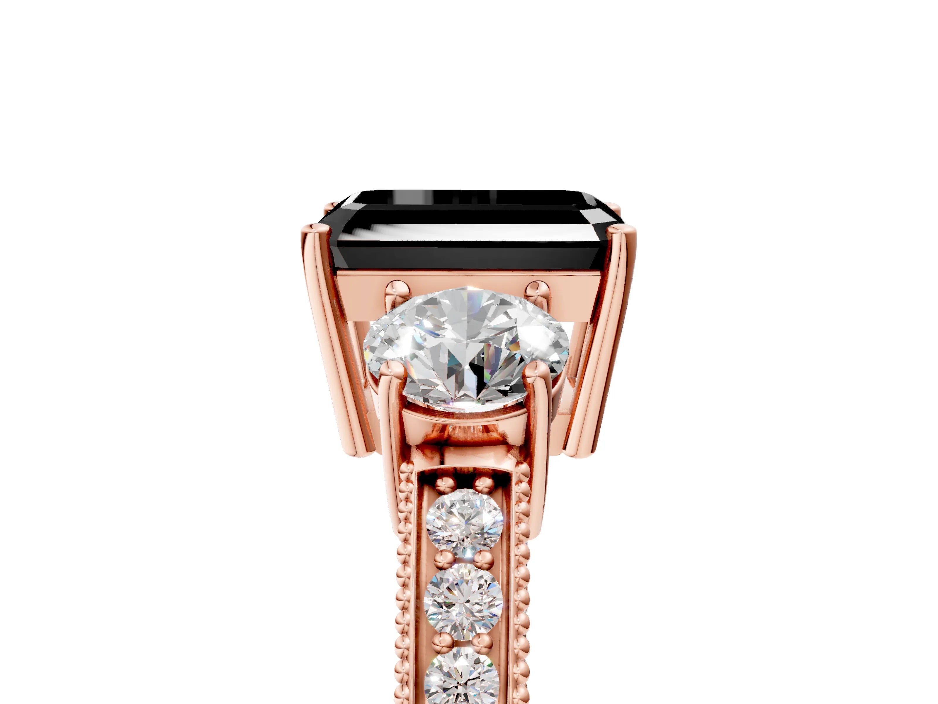 Rose gold Fancy Black Emerald Cut Three-Stone Diamond Ring with Pavé Band and Four-Prong Setting_5
