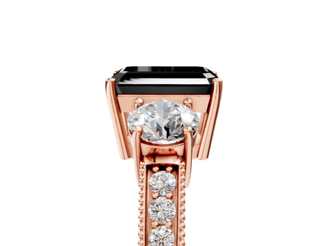 Rose gold Fancy Black Emerald Cut Three-Stone Diamond Ring with Pavé Band and Four-Prong Setting_5