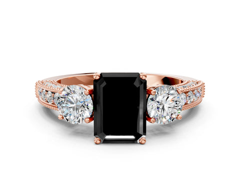 Rose gold Fancy Black Emerald Cut Three-Stone Diamond Ring with Pavé Band and Four-Prong Setting