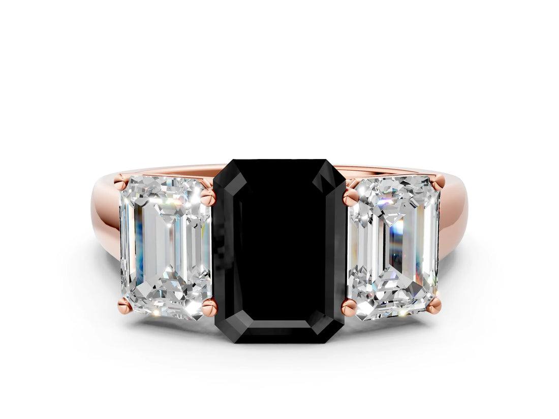 Rose gold Fancy Black Emerald Cut Three-Stone Diamond Ring with Prong Setting on a Classic Band_12
