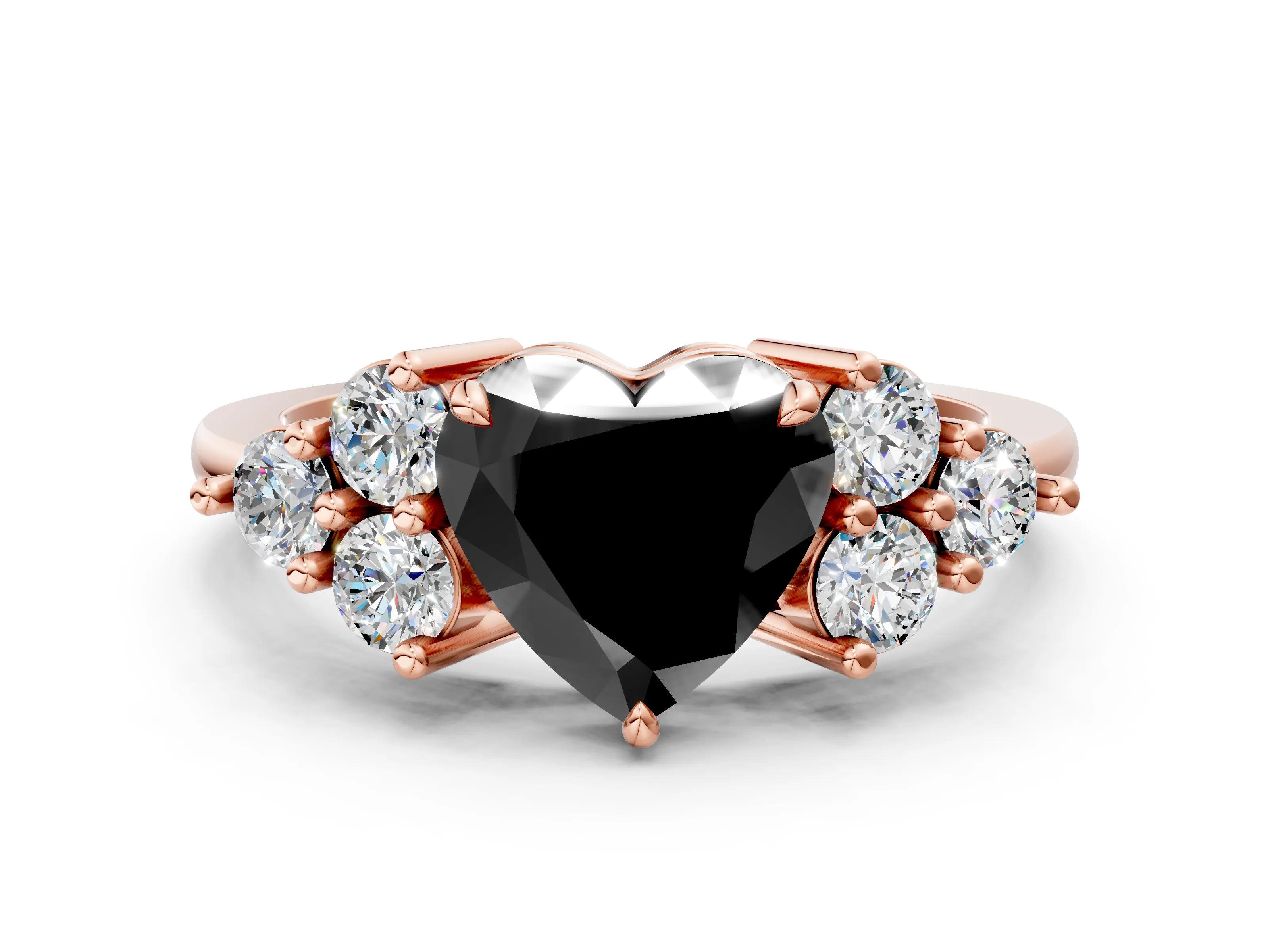 Rose gold Fancy Black Heart Cut Brilliant Diamond Cluster Accent Solitaire Ring with Prong Setting