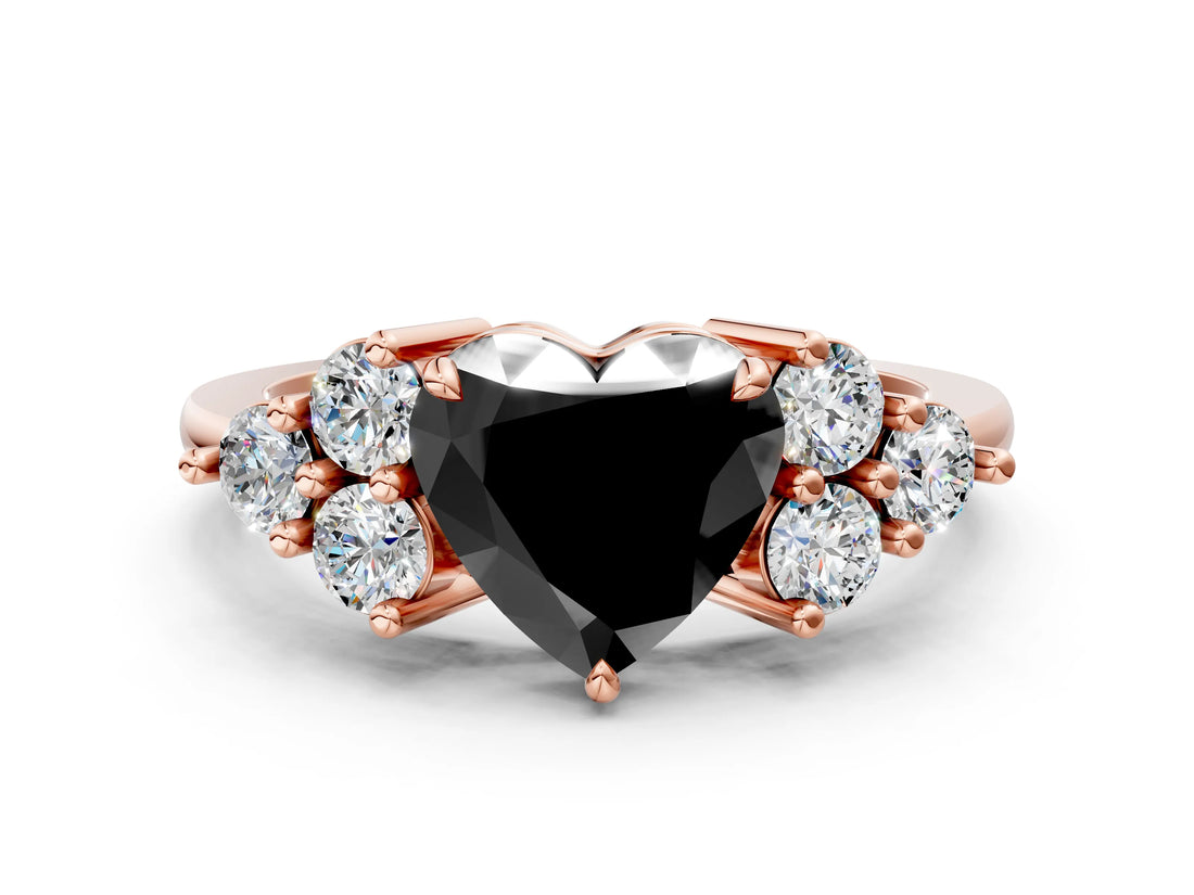 Rose gold Fancy Black Heart Cut Brilliant Diamond Cluster Accent Solitaire Ring with Prong Setting