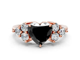 Rose gold Fancy Black Heart Cut Brilliant Diamond Cluster Accent Solitaire Ring with Prong Setting