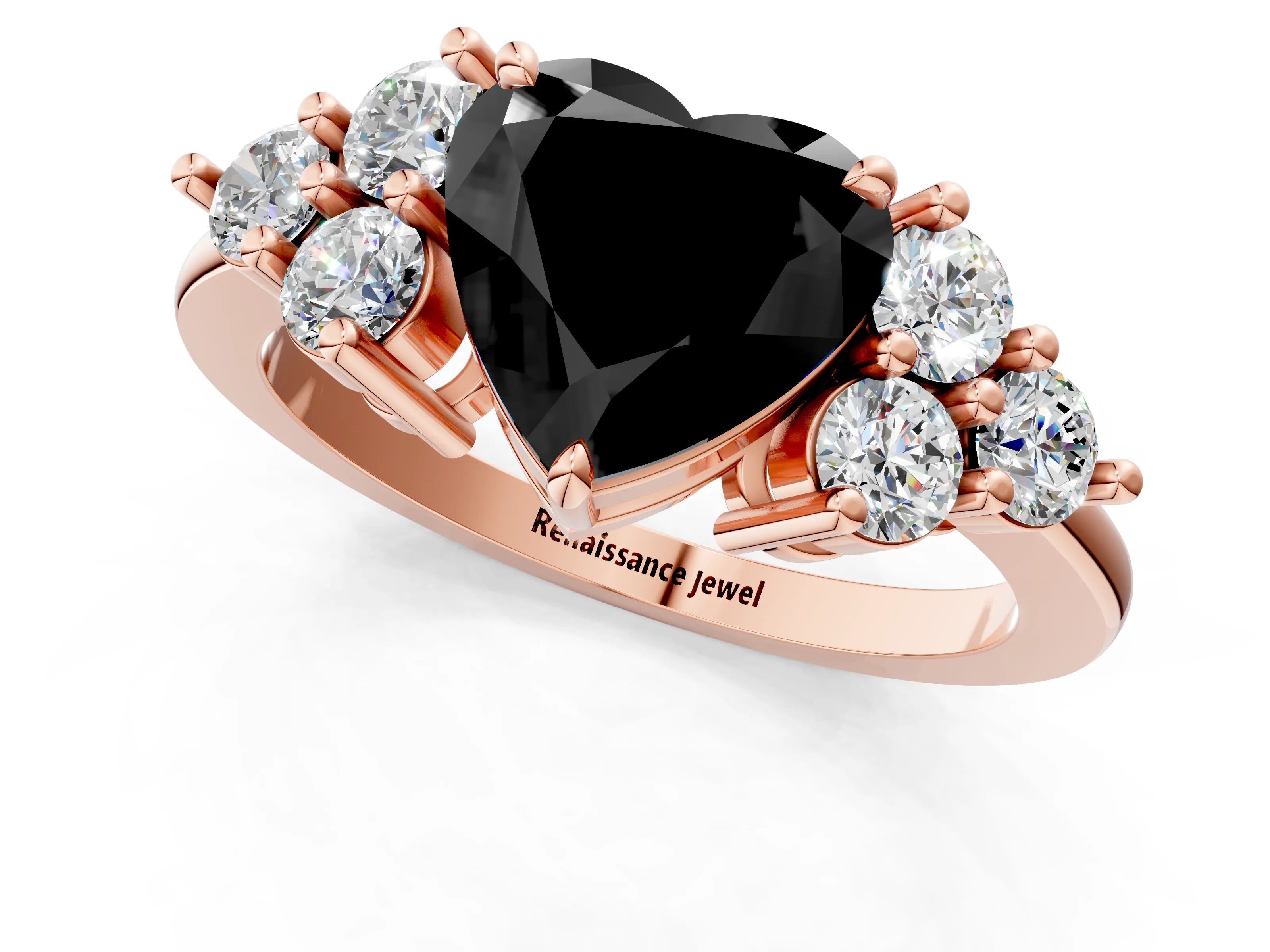 Rose gold Fancy Black Heart Cut Brilliant Diamond Cluster Accent Solitaire Ring with Prong Setting_1