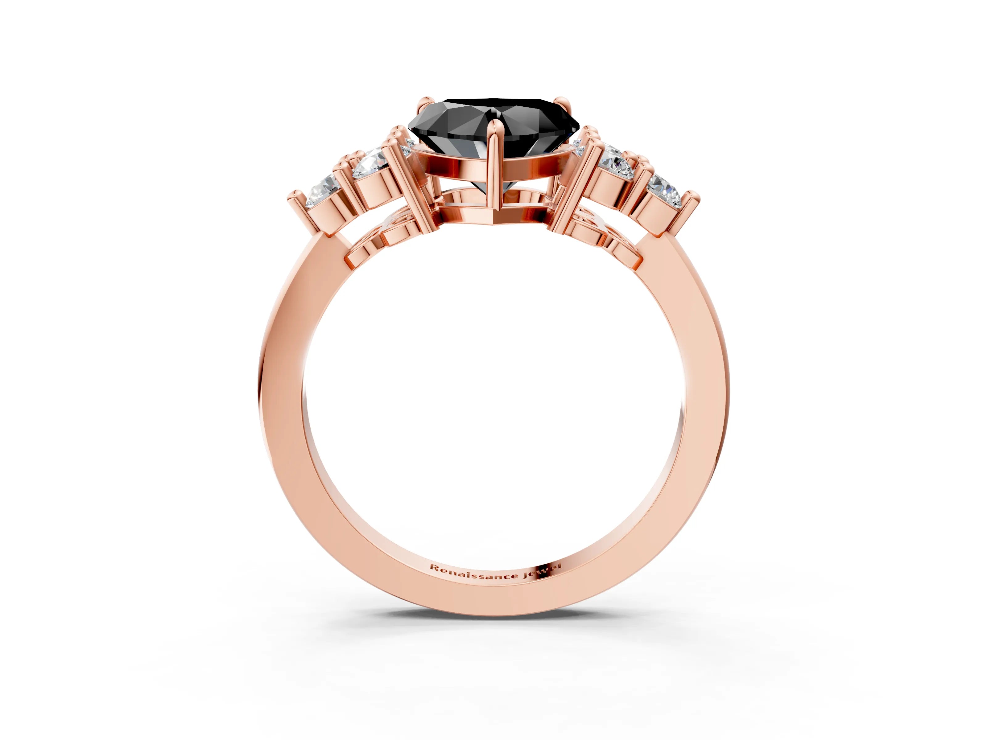 Rose gold Fancy Black Heart Cut Brilliant Diamond Cluster Accent Solitaire Ring with Prong Setting_3