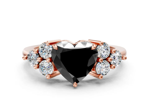 Rose gold Fancy Black Heart Cut Brilliant Diamond Cluster Accent Solitaire Ring with Prong Setting