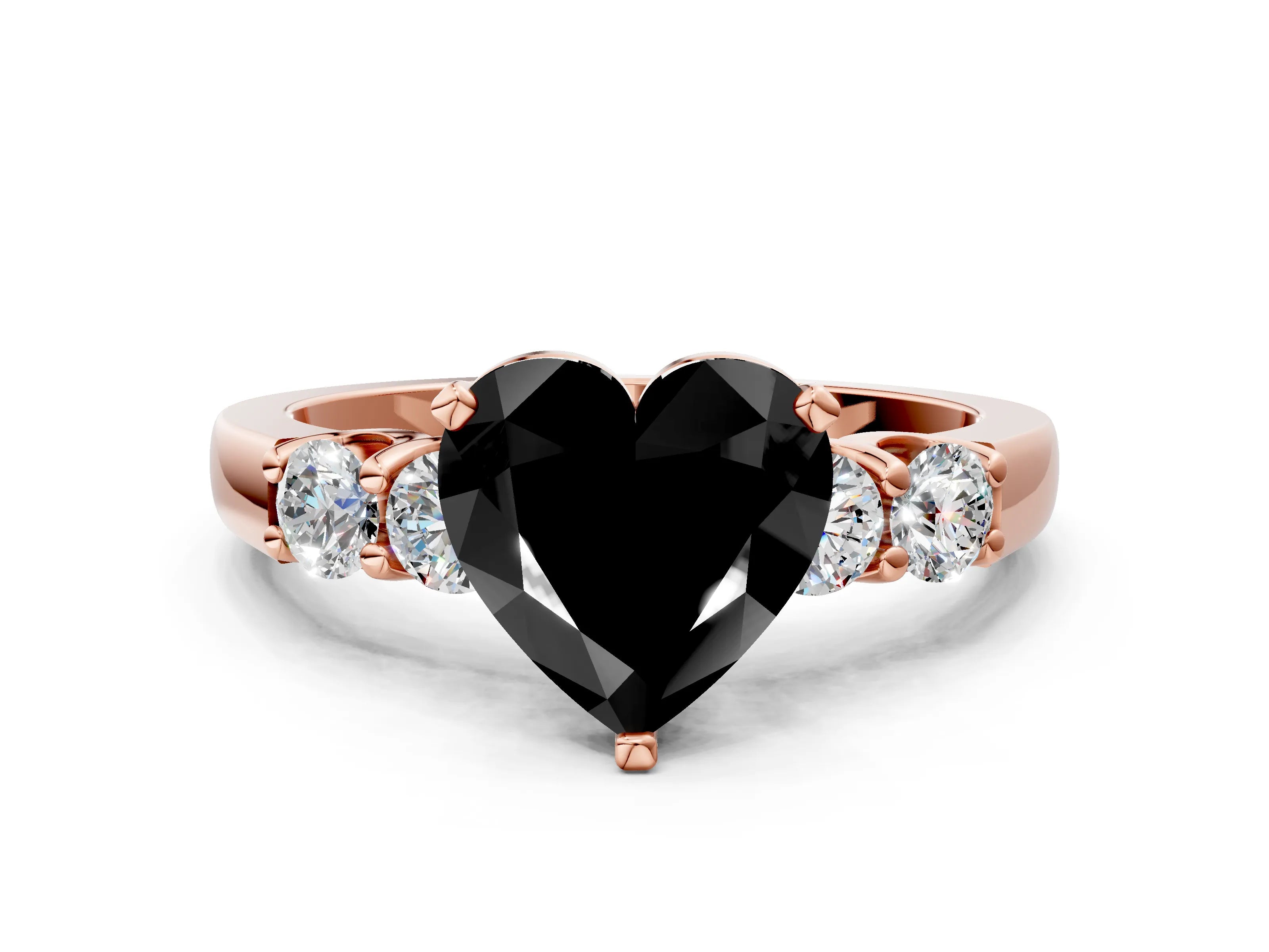 Rose gold Fancy Black Heart Cut Brilliant Diamond Five-Stone Engagement Ring with Prong Setting on a Classic Band_3