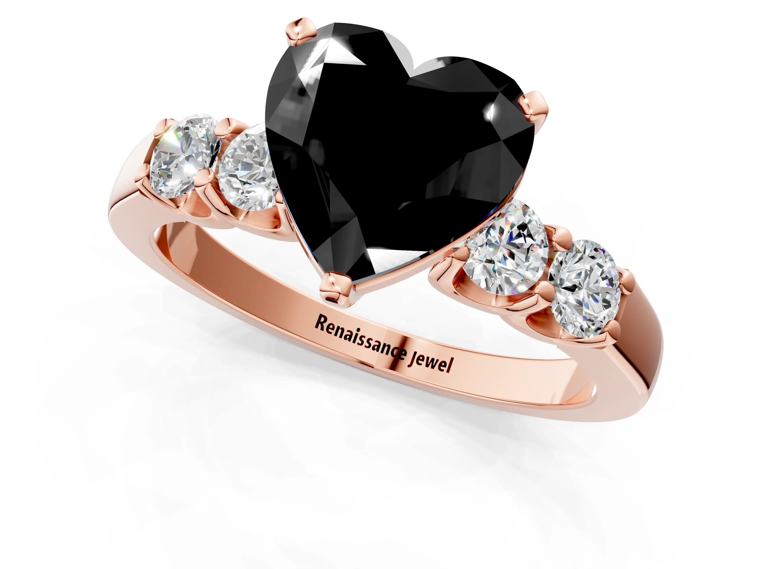 Rose gold Fancy Black Heart Cut Brilliant Diamond Five-Stone Engagement Ring with Prong Setting on a Classic Band_4