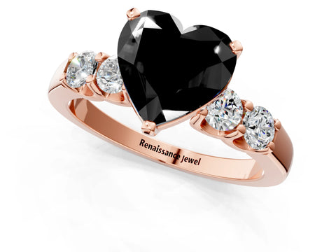 Rose gold Fancy Black Heart Cut Brilliant Diamond Five-Stone Engagement Ring with Prong Setting on a Classic Band_4